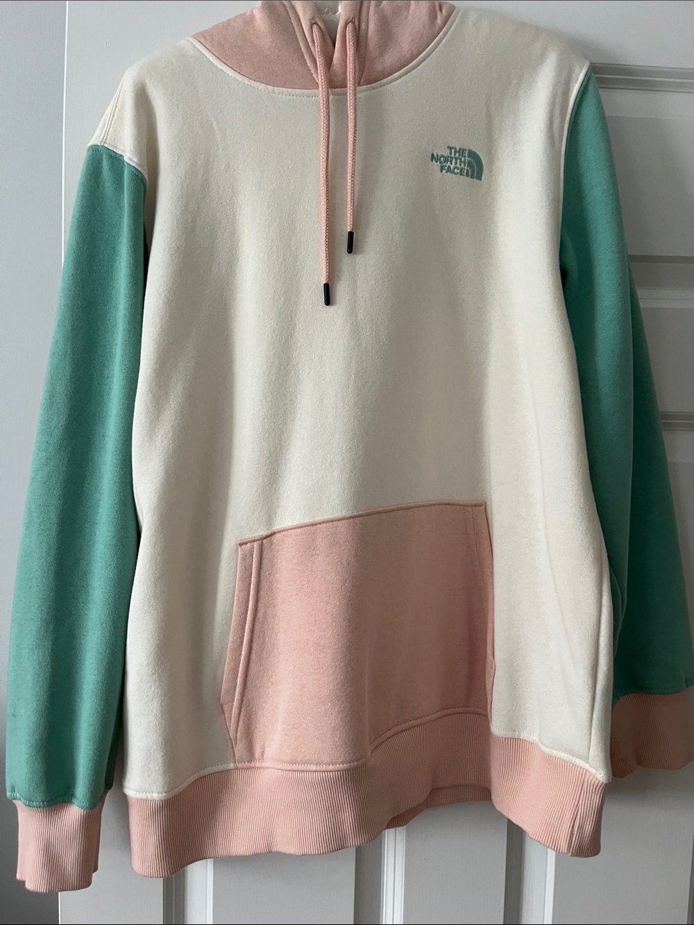 The North Face Colorblock Crewneck Hoodie in Cream, Pink & Mint